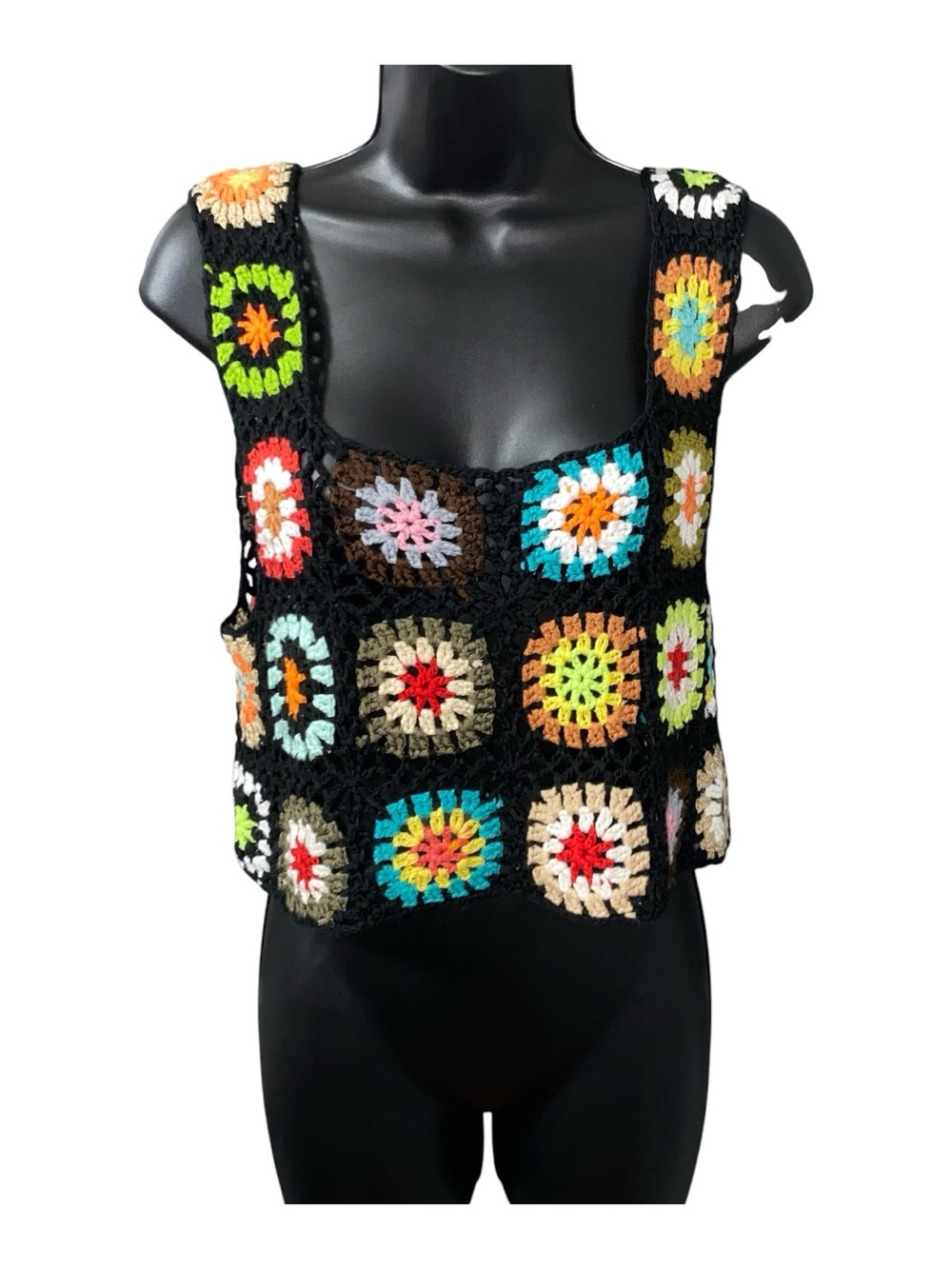 Crochet Granny Square Crop Top Sz M Tank Sleeveless Boho Hippie Colorful Halter